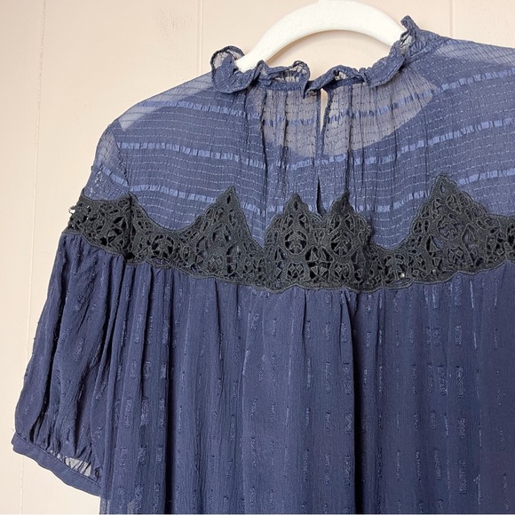 Rebecca Taylor 100% Silk Clip Mix Top 6 navy blue black lace sheer puff sleeve - Picture 6 of 12